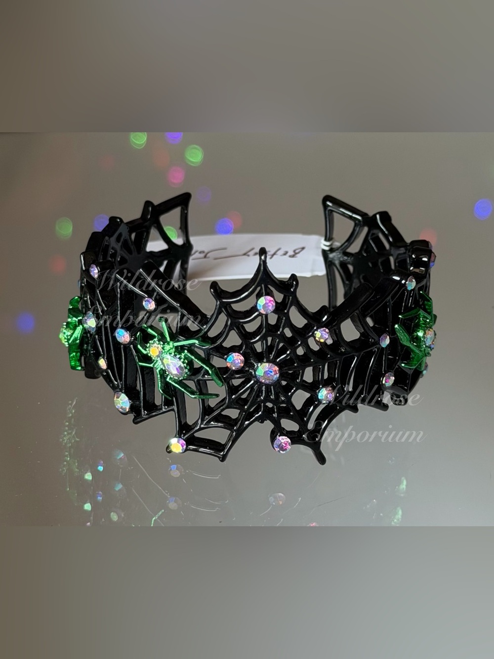 Betsey Johnson Black Spider Web Cuff with Green Spider Accents